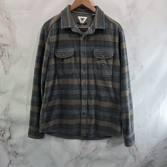 Vissla Shirt Mens Medium Brown Gray Fleece Stripe Button Up Long Sleeve Shacket - Picture 1 of 13